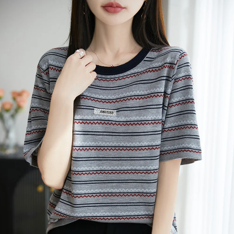 

Summer New Wool Short sleeved Knitted O-neck Women's T-shirt Casual Color blocked Top Loose Fashionable Breathable Pullover
