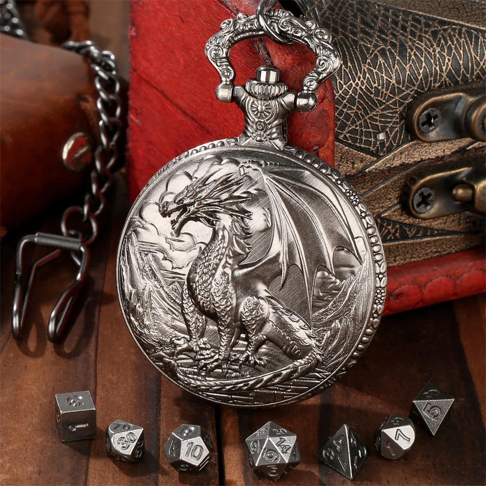 Punk Retro Dragon Full Hunter Pocket Watch Case with Mini Dice Set Bronze/Grey Black Fob Chain Pendant Pocket Clock Case