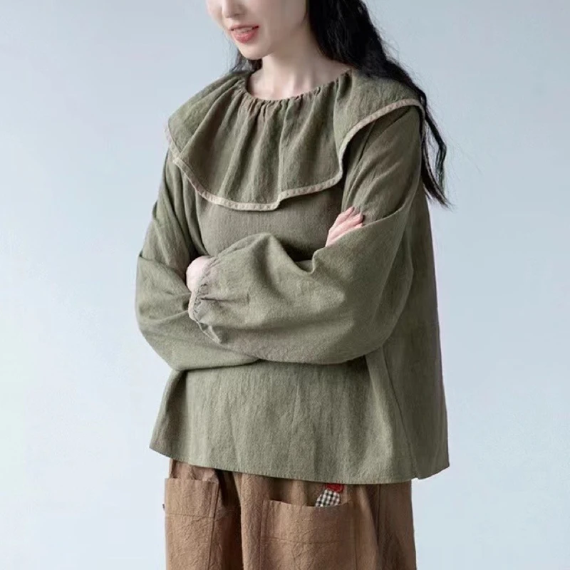 

Johnature Mori Vintage Ruffles Collar Women Shirts 2024 Spring Summer Casual Linen Loose All Match Hit Color Female Blouses