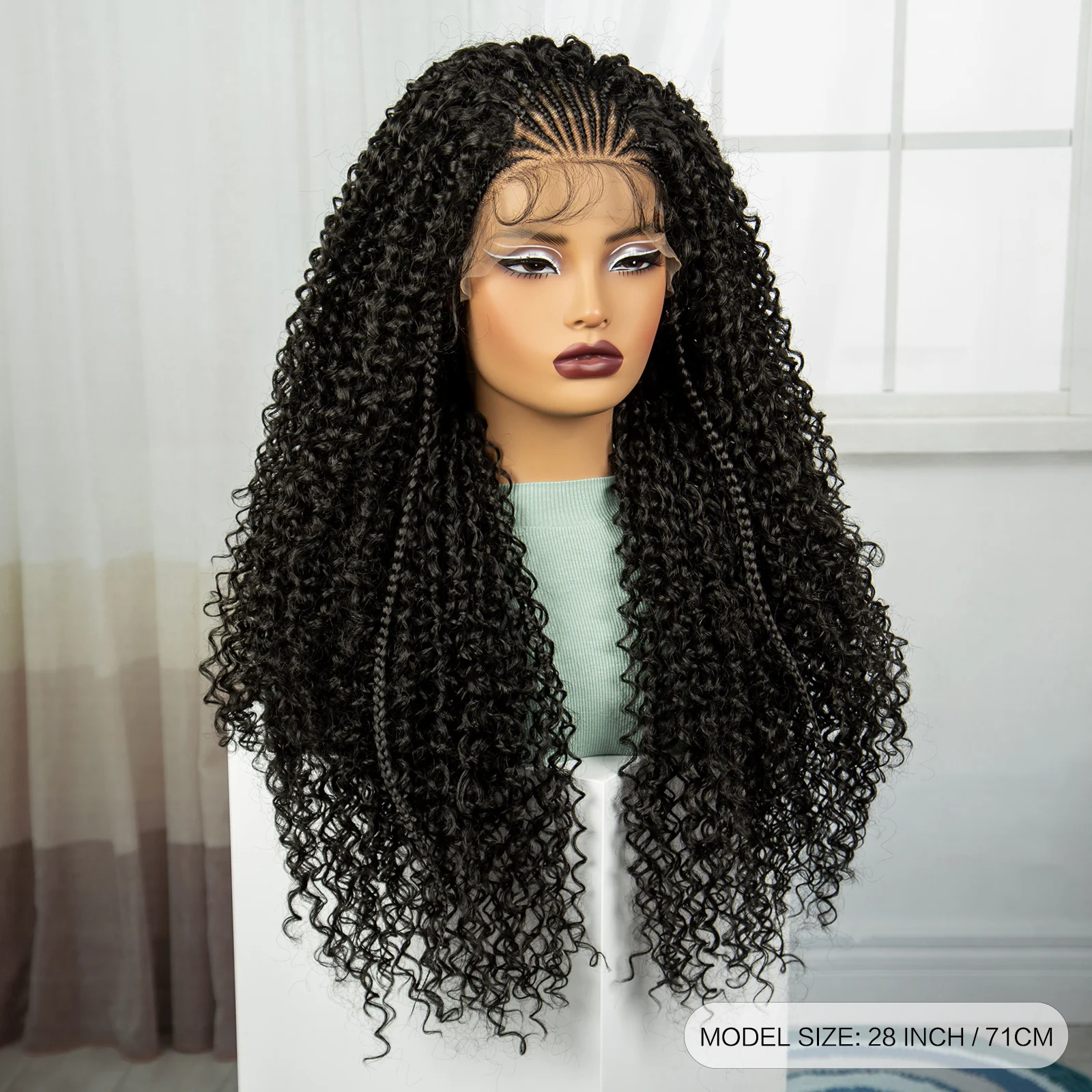 28 Inch Natural Color Synthetic Braided Wigs Lace Braided Wigs Curly Knotless Box Braids Wigs with Baby Hair for Black Woman