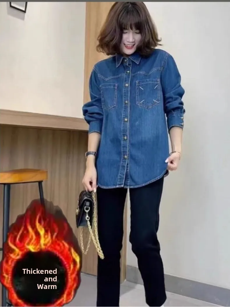 

Blue Denim Fce Lined Loose Casual Thiened Women's irt Jaet Autumn Winter New Sle Korean Version Versatile Comfortable