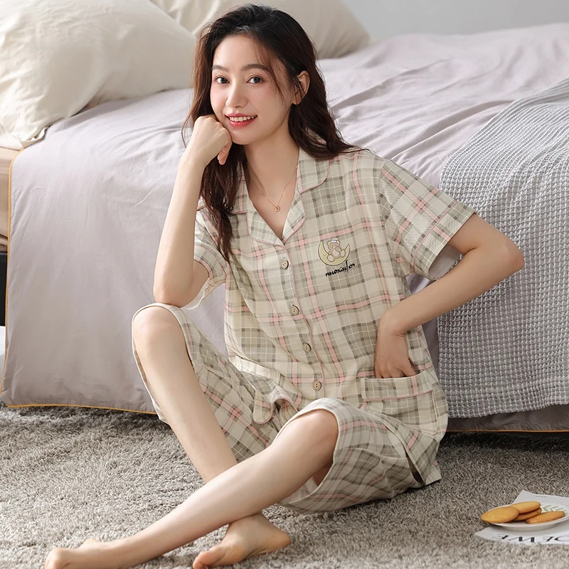 Plus Size Cotton Short Sleeve Calf Length Pants Pajama Sets for Women Summer Korean Casual Plaid Sleepwear Homewear Home Clothes