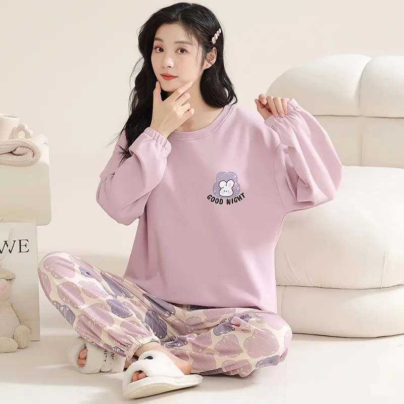 

2025 Spring and Autumn New Women's Pajamas Homewear Set Girls Long-Sleeved Long Pants Simple Leisure Plus Size Homewear Set