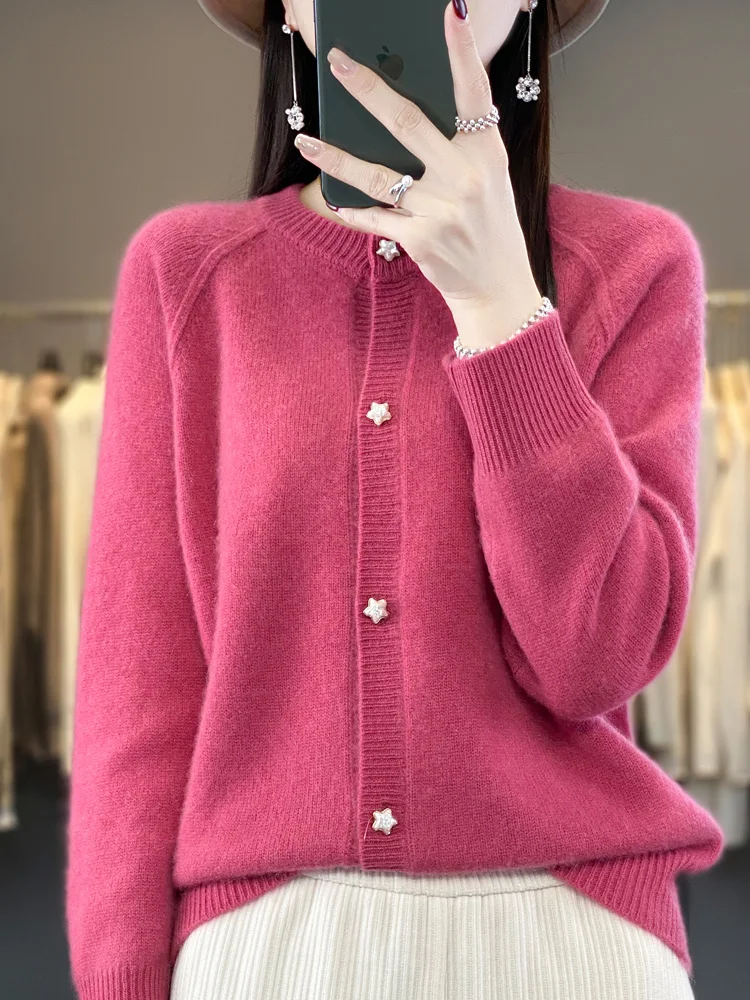 Spring New Women Cardigans 100% Merino Wool Sweater O-Neck Raglan Sleeve Thick Sloid Cashmere Knitted Coat Korean Fashion Tops