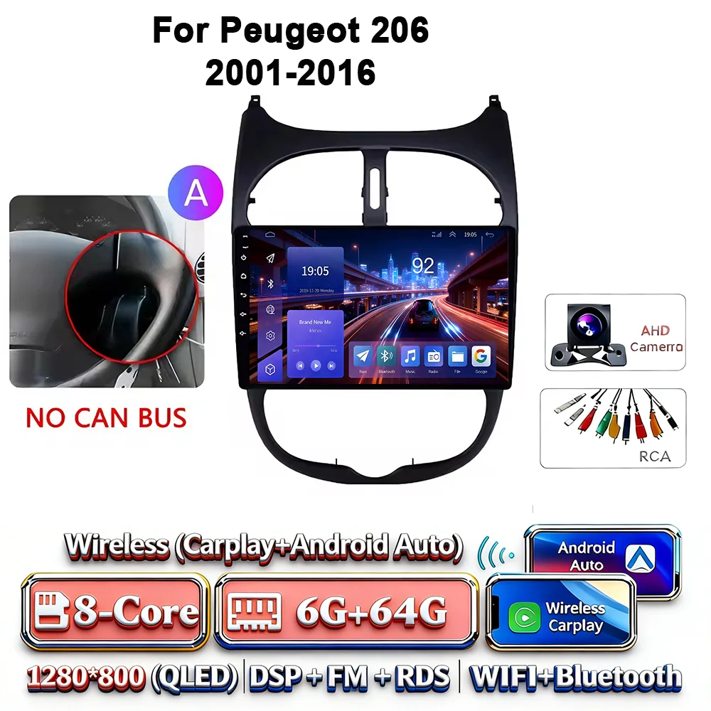 Android 17 Carplay Android Auto 4G WIFI autoradio voor Peugeot 206 2001-2016 GPS DSP BT touchscreen multimediasysteem navigatie stereo