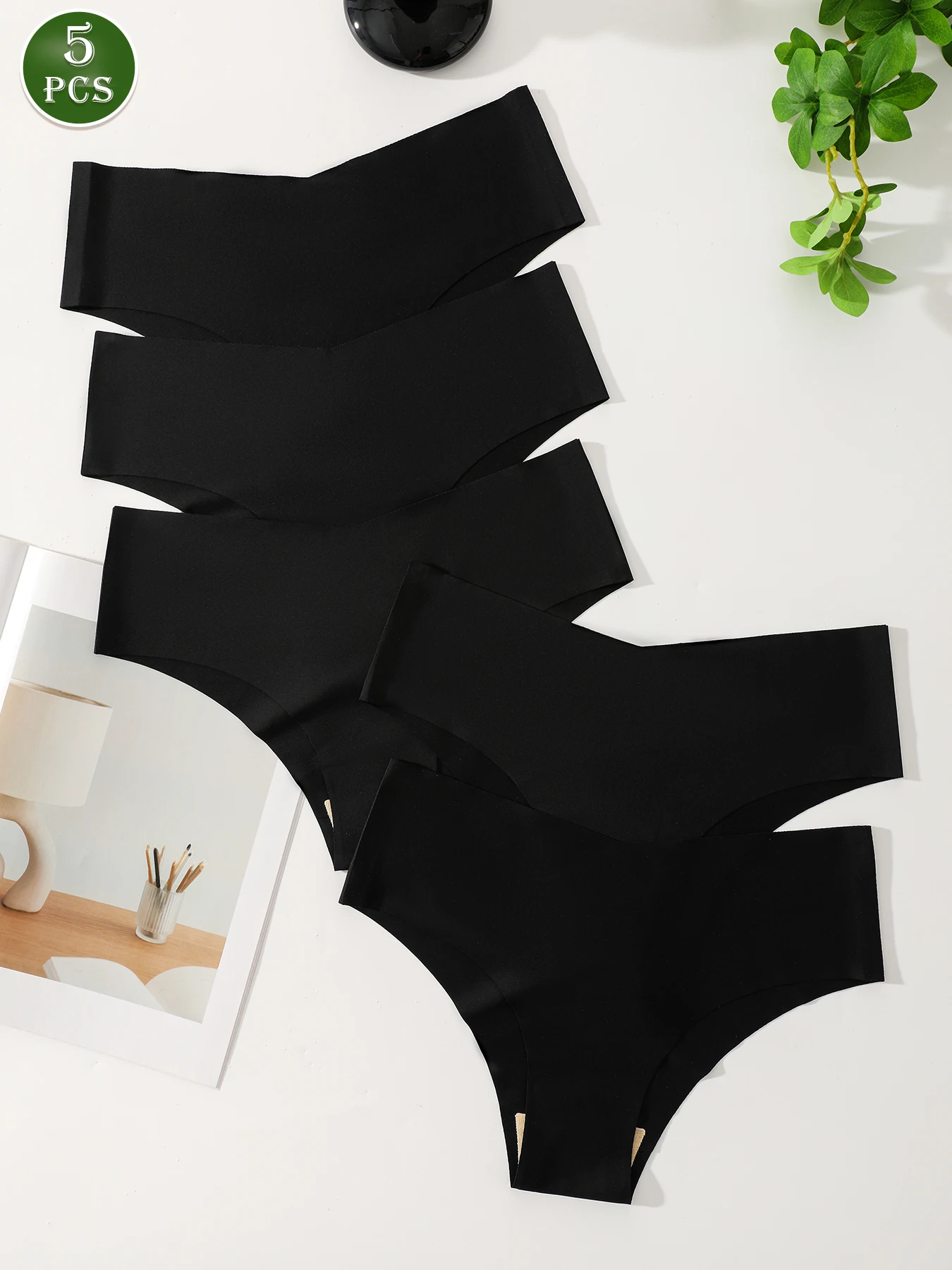 5Pcs Women's Solid Black Seamless V-Waist Panties No Show Invisible Soft Stretch Ice Silk Underwear Briefs