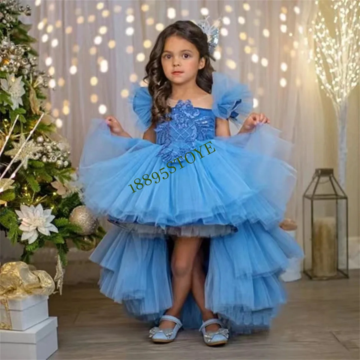 Blue Short Sleeves Flower Girl Dress 2024 For Weddings Tulle Appliques Girls Party Gown First Communion Dress Princess Ball Gown