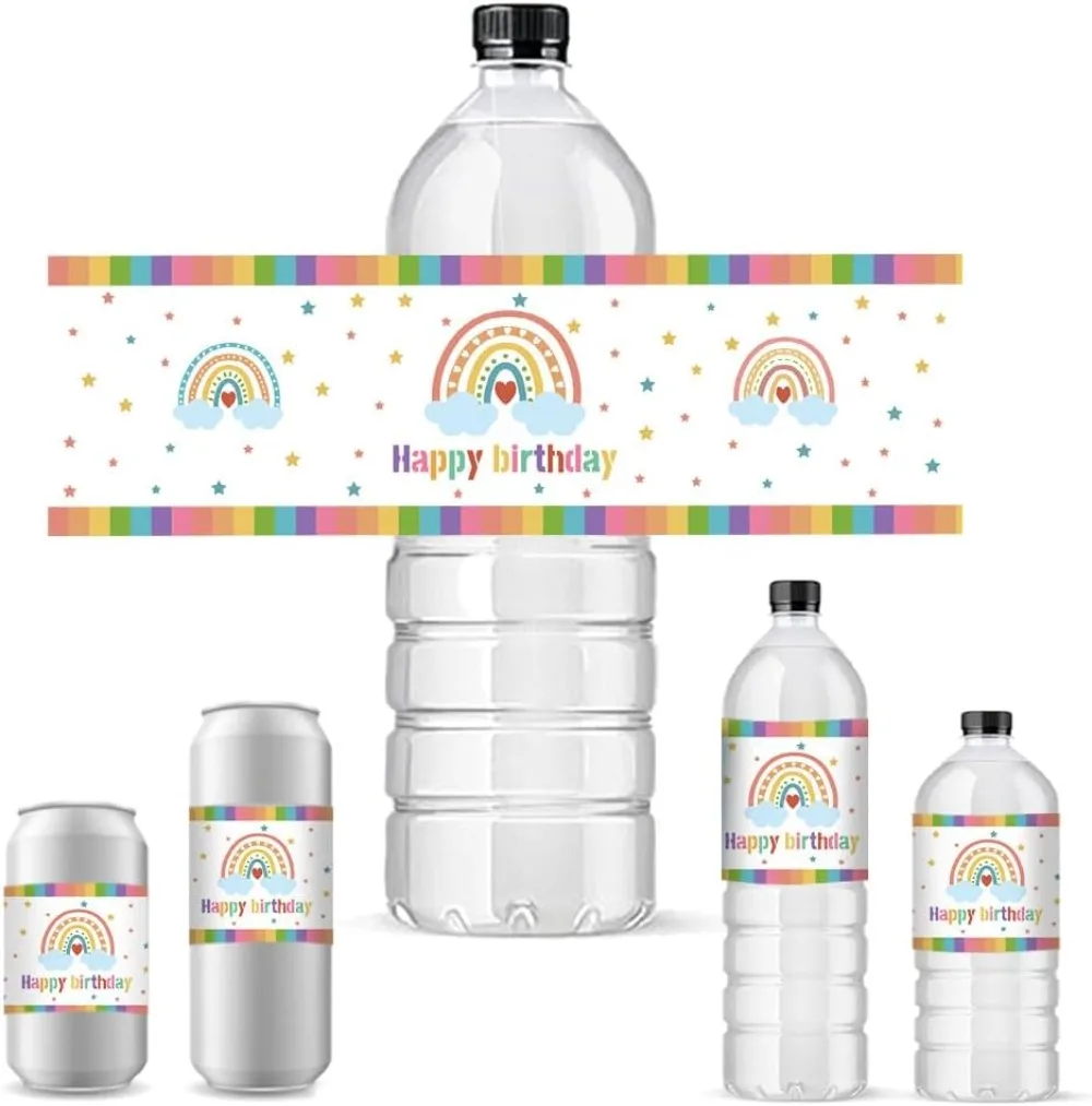 30pcs Happy Birthday Water Bottle Wraps Rainbow Star Water Labels Adhesive Stickers Waterproof Water Wraps