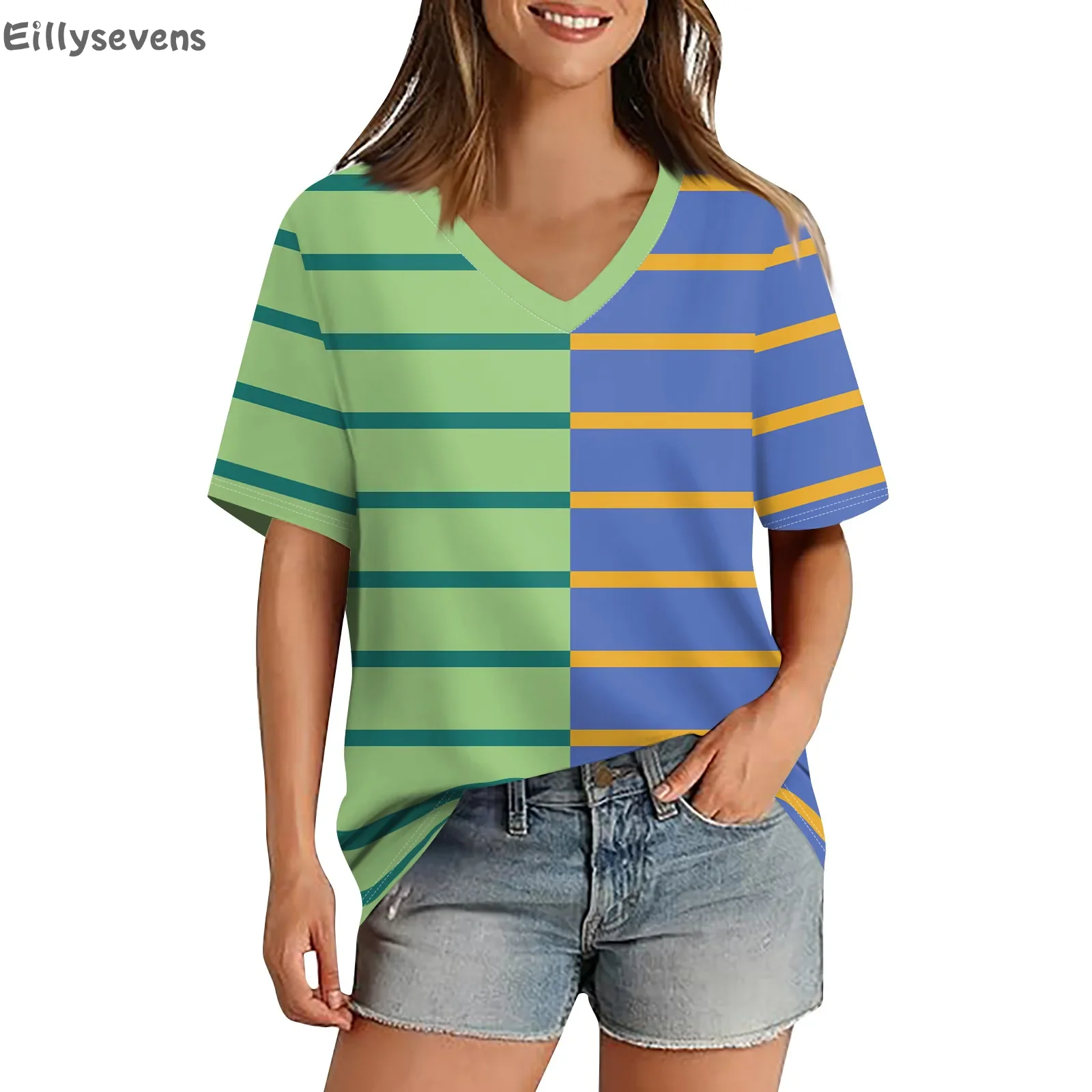 Women's tops Summer Contrast Color shirts Quirky Striped V-Neck Loose Casual shirt Simple Daily Wear individuality ropa de mujer