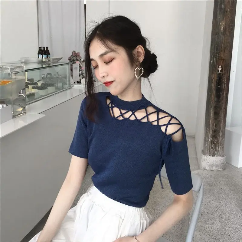 Korean Chic Hollow Out Bandage T Shirts Summer New Short Sleeve Solid Off Shoulder Slim Fashion Tops Y2K Sexy Women Clothing