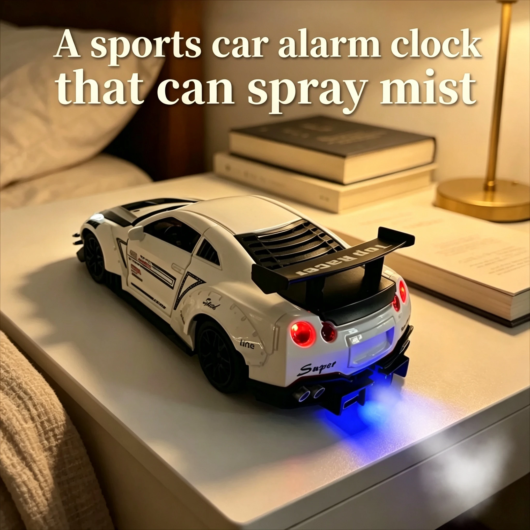 

Racing Car Alarm Clock Simulation Engine Sound Fog Spray Light Auto Fans Decor Gift.
