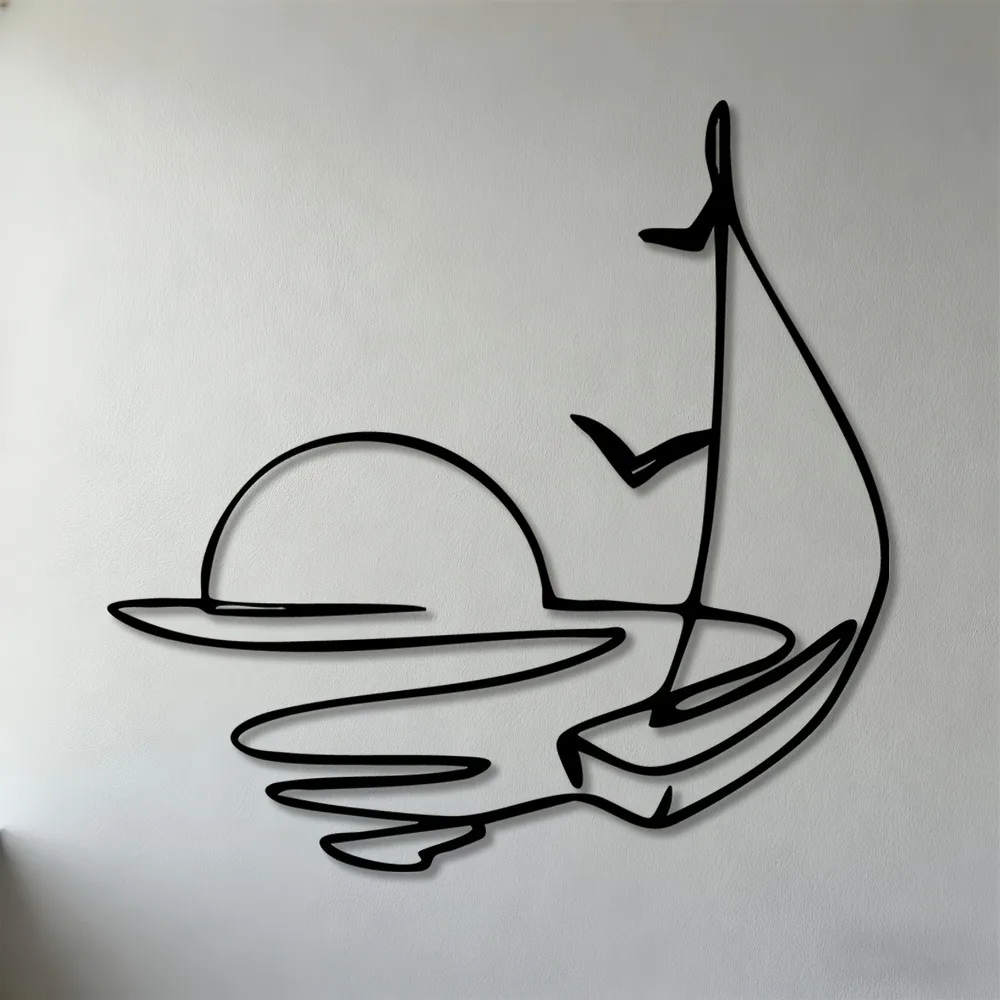 1pc Metal Wall Art Iron Hanging Decor,2D Flat Sunset Sailboat Nautical Silhouette Laser Cut Sculpture