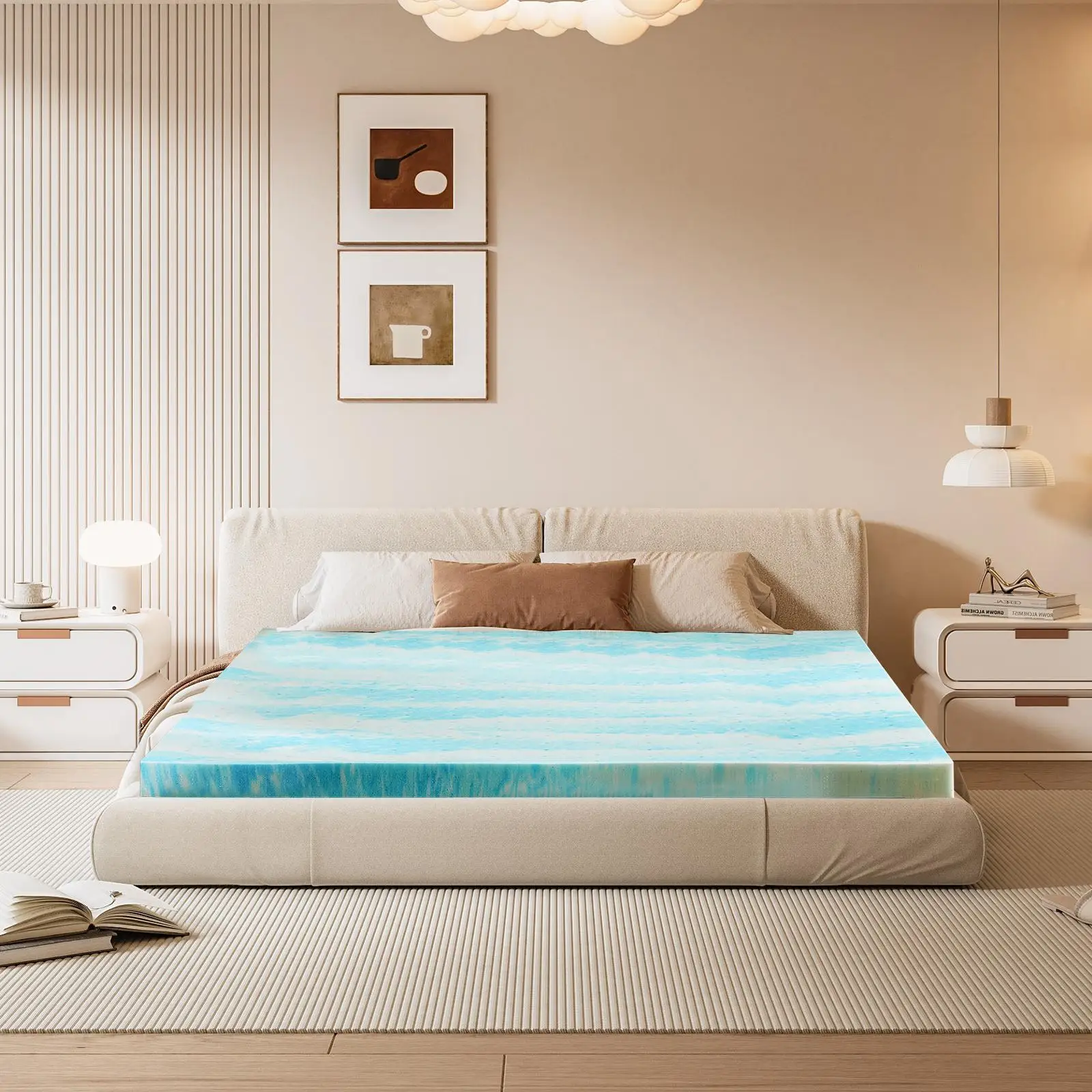 2 Inch Cooling Gel Swirl Memory Foam Mattress Topper Slow Rebound Orthopedic Bed Pad Back Pain Relief Soft Breathable Sleeping Mat for Student Dormitory Hotel Home Bedroom Double Bed Mattress
