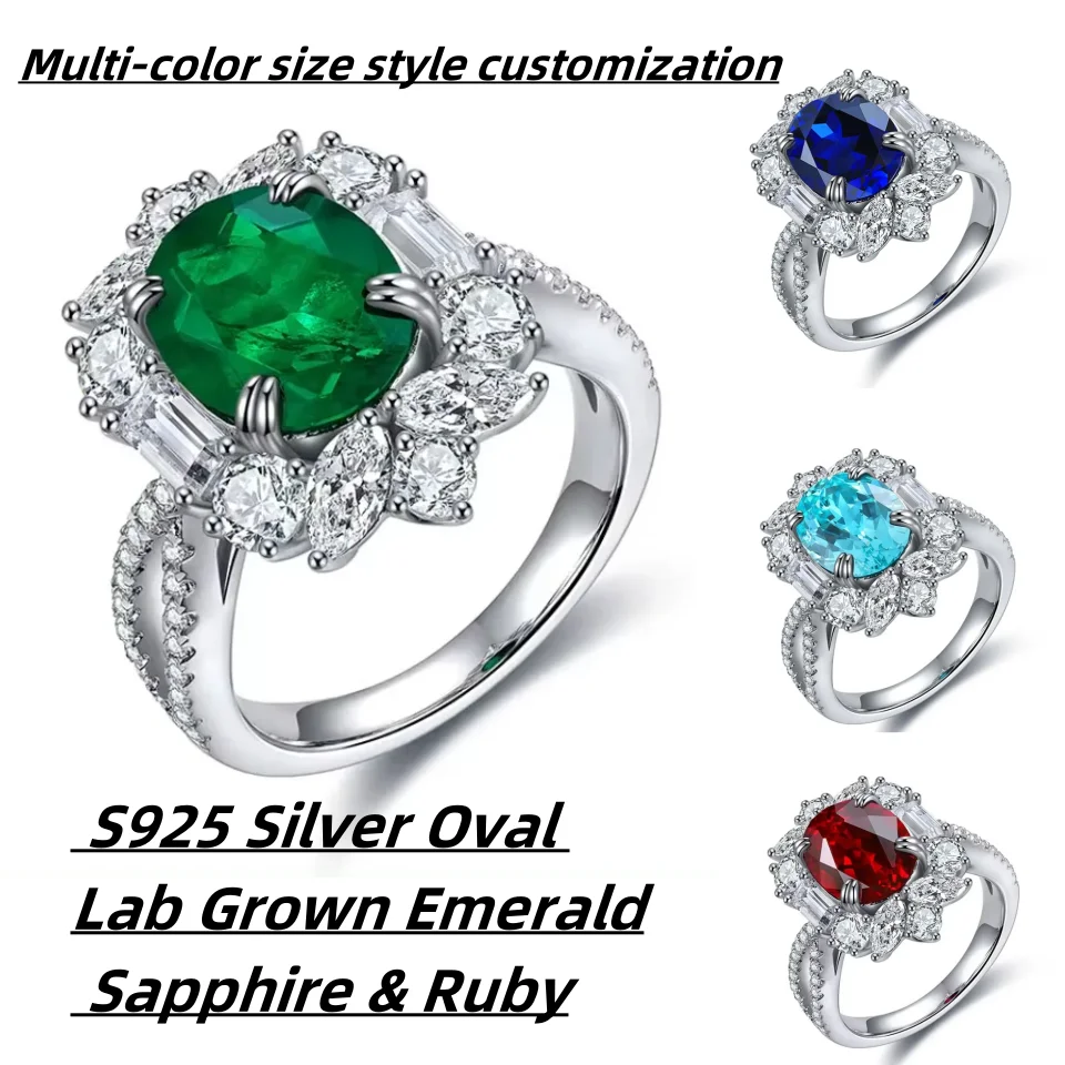 

YanYao Jewelry Luxury Design S925 Silver Oval Lab-Grown Emerald Sapphire and Ruby Engagement Ring for Women