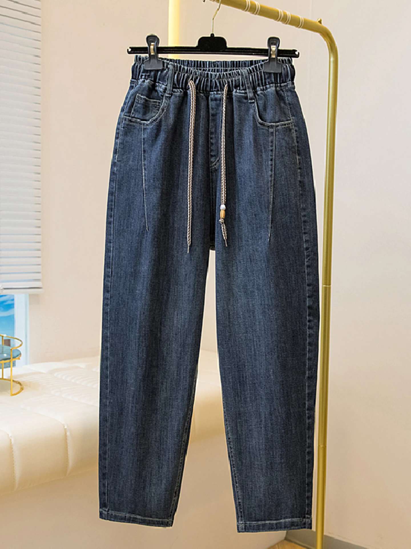 

plus Size Elastic Waist Corduroy Denim Pants Women's Autumn Slimming Loose Harlan Nine Point Pants Casual High Waist Wide Leg