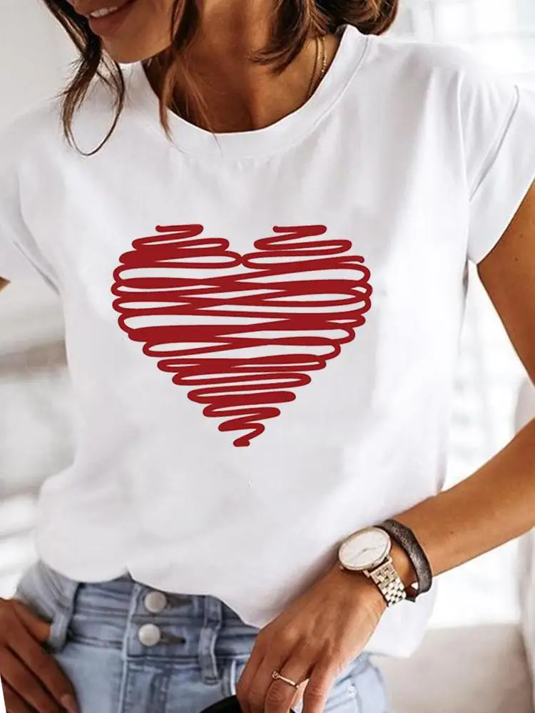 

Print Fashion Women Female Summer Casual Watercolor Love Heart Striped Short Sleeve Clothes T-shirts T Clothing Graphic Tee