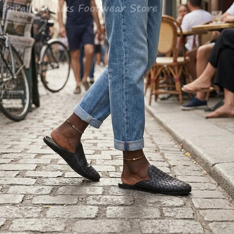 Men Mules Woven Leather Shoes Black Hand Weave Slip On Backless Slippers Vintage Premium Comfort Beach Slides Breathable Mules