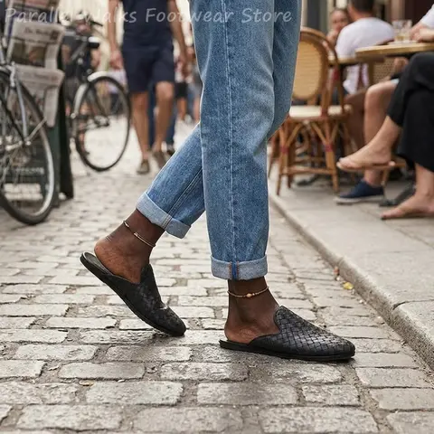 Mules pour hommes en cuir tressé noir, tissées à la main, à enfiler, sans talon, confort premium vintage, claquettes de plage respirantes