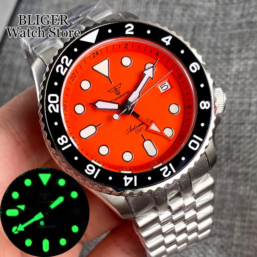 

200M Waterproof Dive Tandorio 41mm Orange NH34 GMT Steel Bracelet Automatic Watch Men NH34A 120click Bezel Sapphire 3.8 Crown