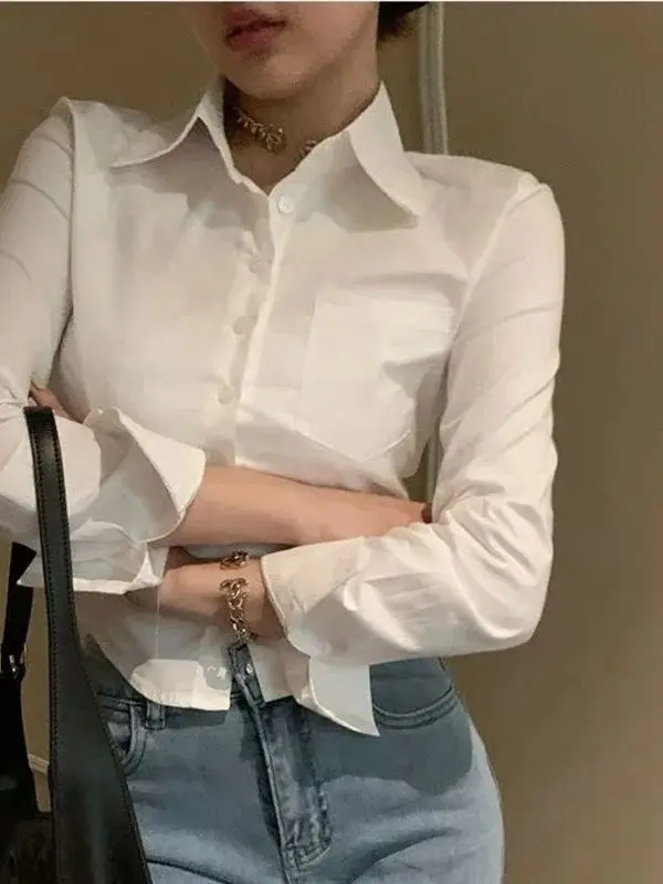 

Корейская белая офисная женская шифоновая блузка с пуговицами и отложным воротником, приталенная, А-силуэт, с коротким рукавом, тонкая, женский топ