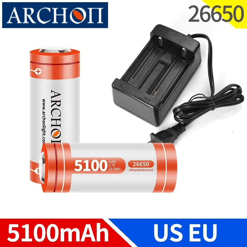 

ARCHON 5100mAh 26650 Lithium Rechargeable Battery 3.7V + EU US Plug 26650 Charger + Gift LED Flashlight