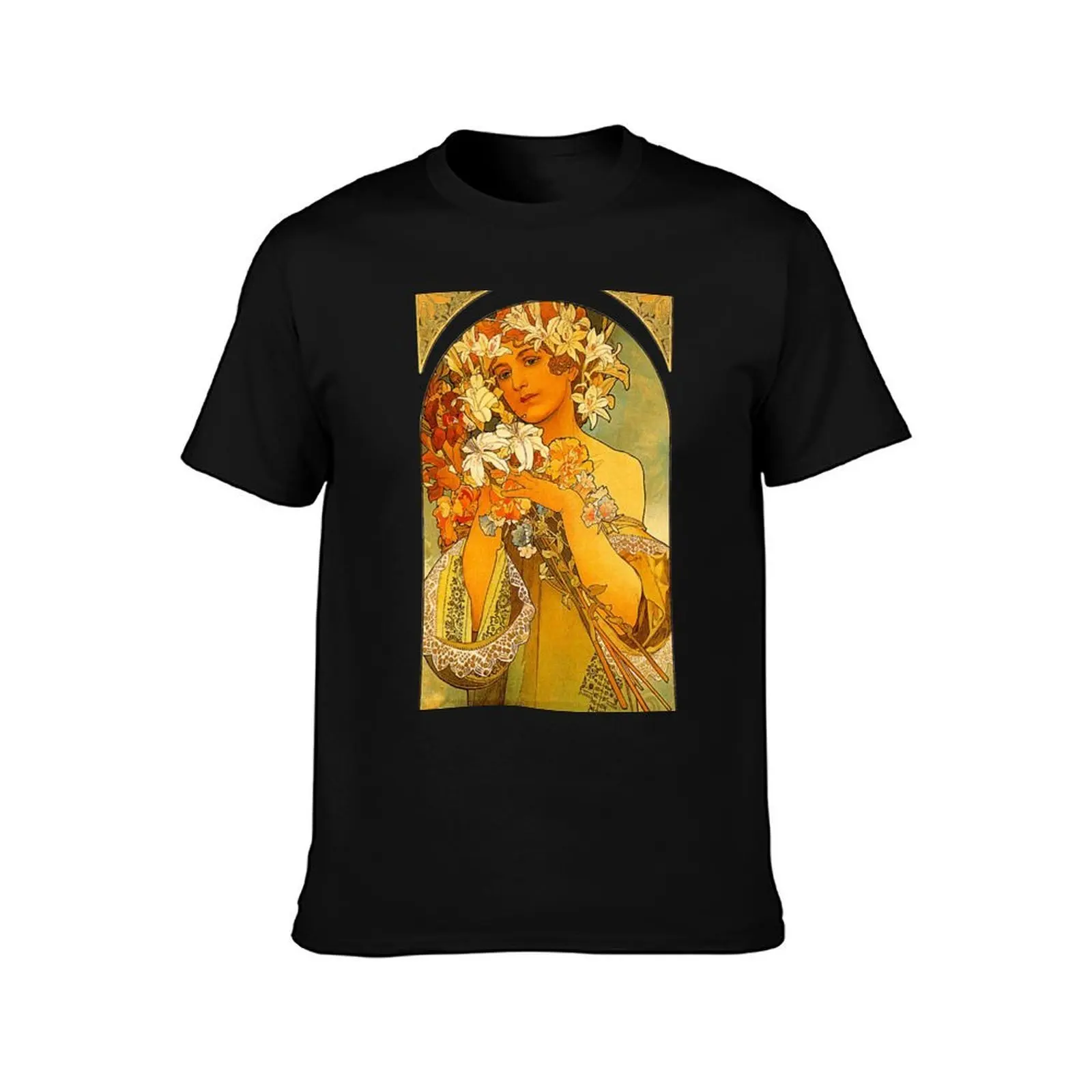 Flower by Alphonse Mucha T-Shirt, Summer Casual Cotton Tee, Oversized Streetwear Tops, Vintage Graphic Print, Unisex Men Women