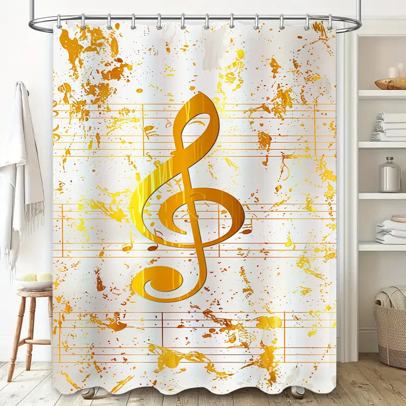 Charming Music Note Shower Curtain Gold Color Printing with Musical Symbols on White Background Water-Resistant Fabric for Bathr