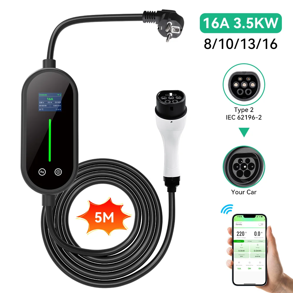 

JDMEX 3.5KW EV Charger Type2 Portable Car Charger EU Plug Charger 16A Fast Charging APP Control 5M for Electric Vehicle Charger