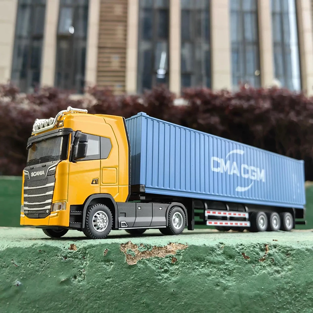 

1:50 Container Transport Truck Diecast Model Toys Car American Style Tractor Alloy Front End Plastic Body Sound Light Kid's Gift