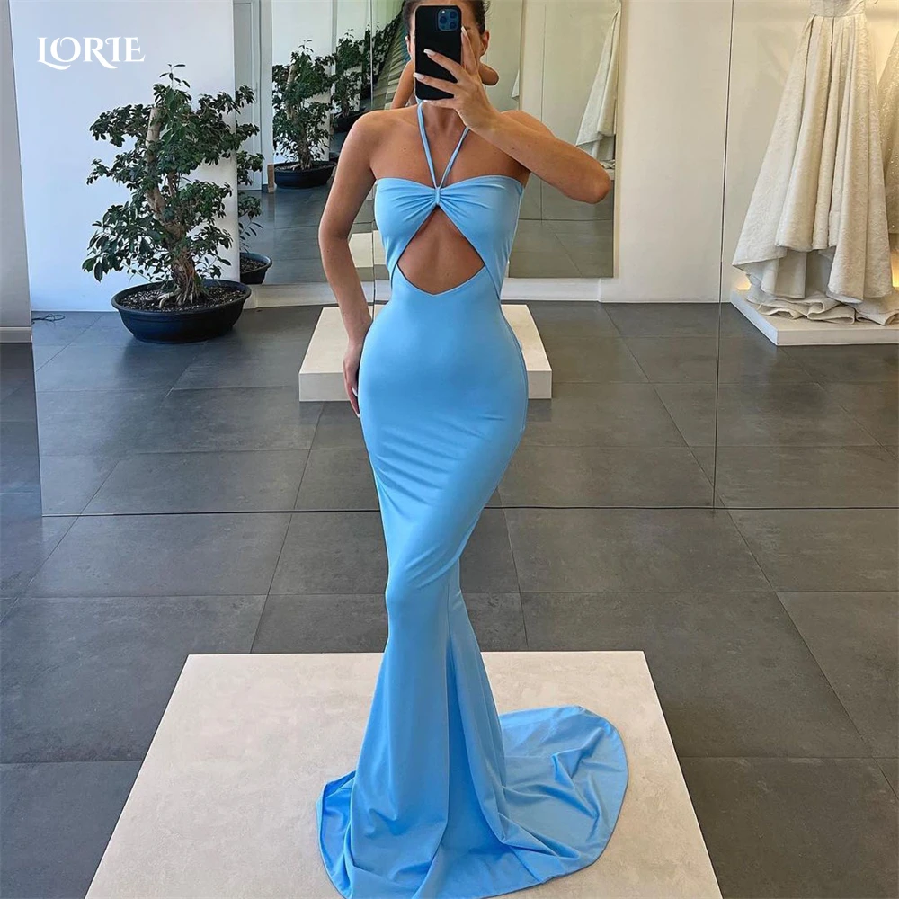 

LORIE Beach Blue Evening Dresses Mermaid Halter Saudi Arabia Formal Party Gowns Pleats Bodycon Sleeveless Dubai Party Dress 2022