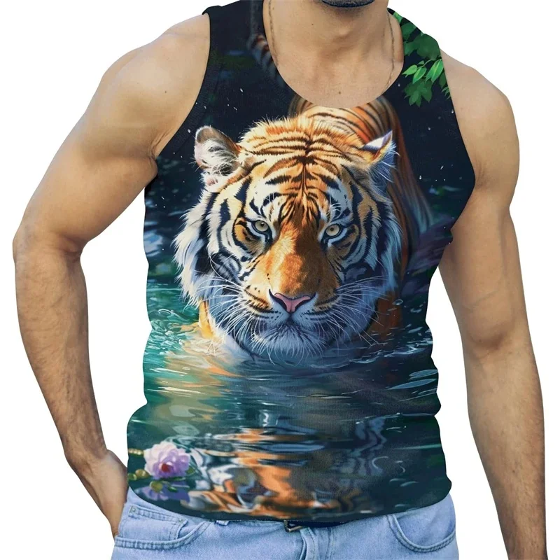 3D Printed Sea Snow Tiger Tank Tops For Man Cool Animal Pattern Tees Summer Casual Vest Oversized Sports Street Tank Top