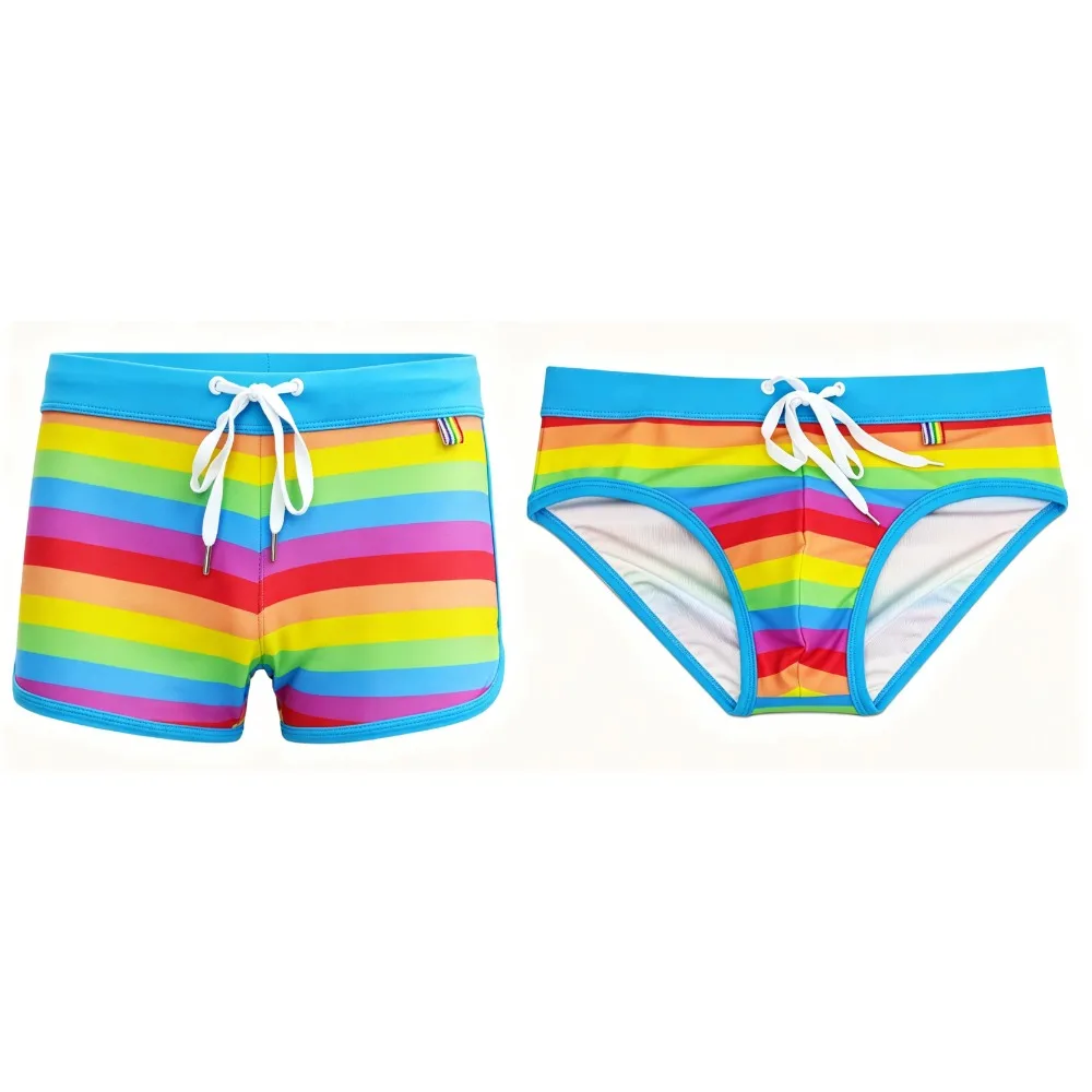 men's split-ended flat-angle sports swimming trunks, blue strips, fashionable tethered four-corner beach boxers, men'sH222-081-1