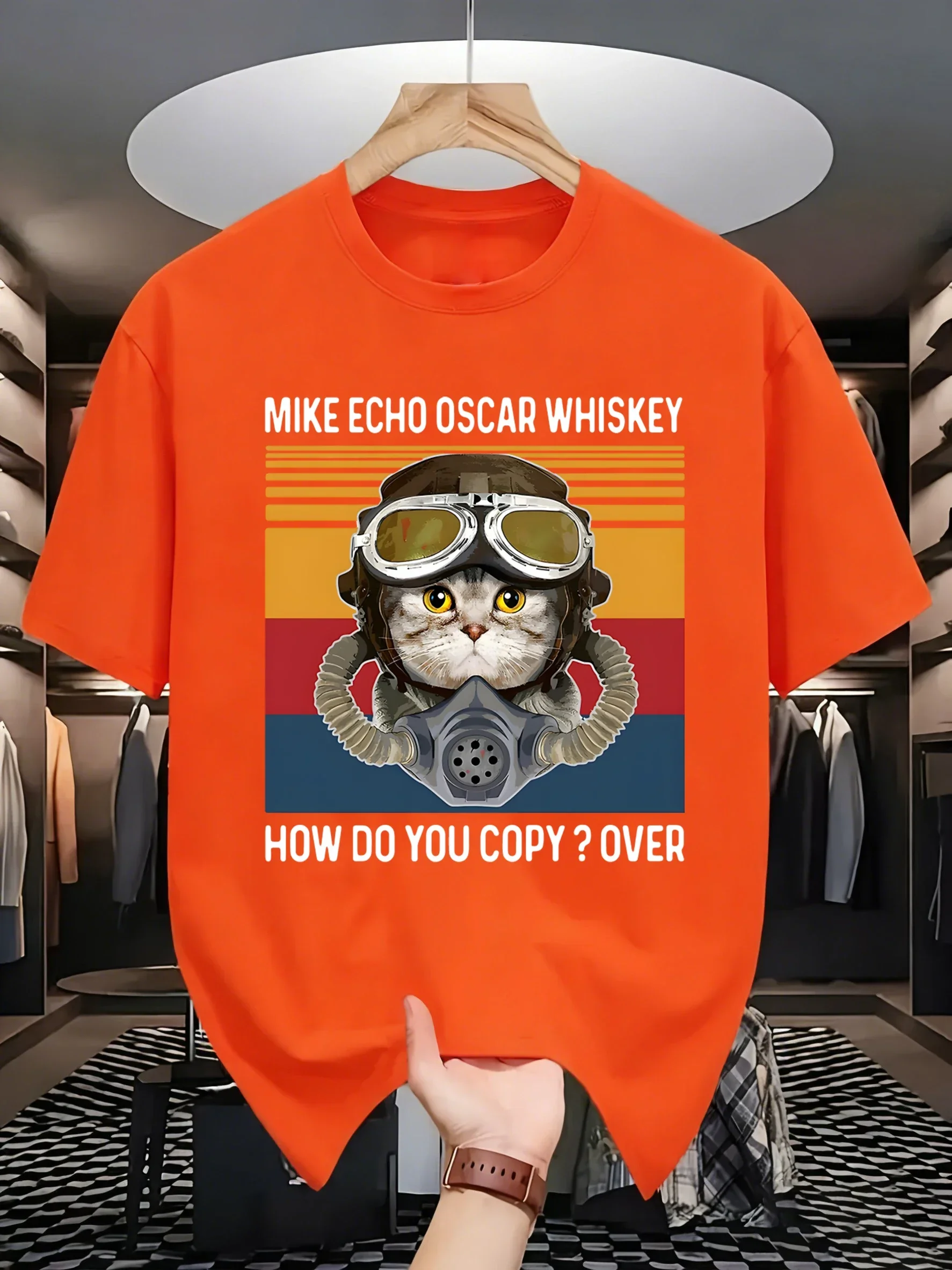 Cat Make Echo Oscar Whisky Print Men Casual Loose T Shirts Hip Hop Cotton Streetwear Summer All-Match Short Sleeve Fashion Tees