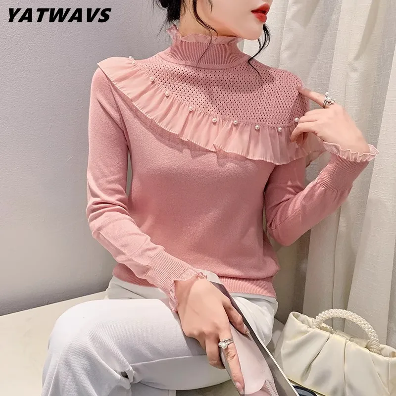 

Women Elegant Half High Neck Sweater Patched Ruffles Top Spring Fashion Beaded Hollow Out Top Female Slim Knit Pullover