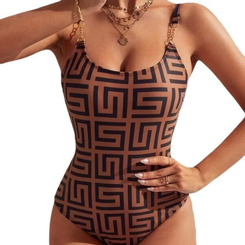 Traje de baño de una pieza con estampado Circular Retro para mujer, bañador Sexy, cadena de Bikini, correa de hombro doble, traje de baño informal ajustado sin mangas