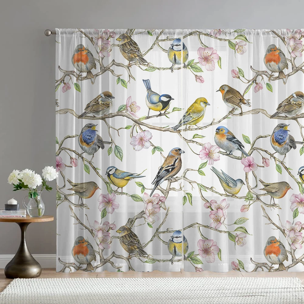 2PCS Home decoration window screens, bird prints, curtains with pole covers, kitchen, coffee shop, living room, living room