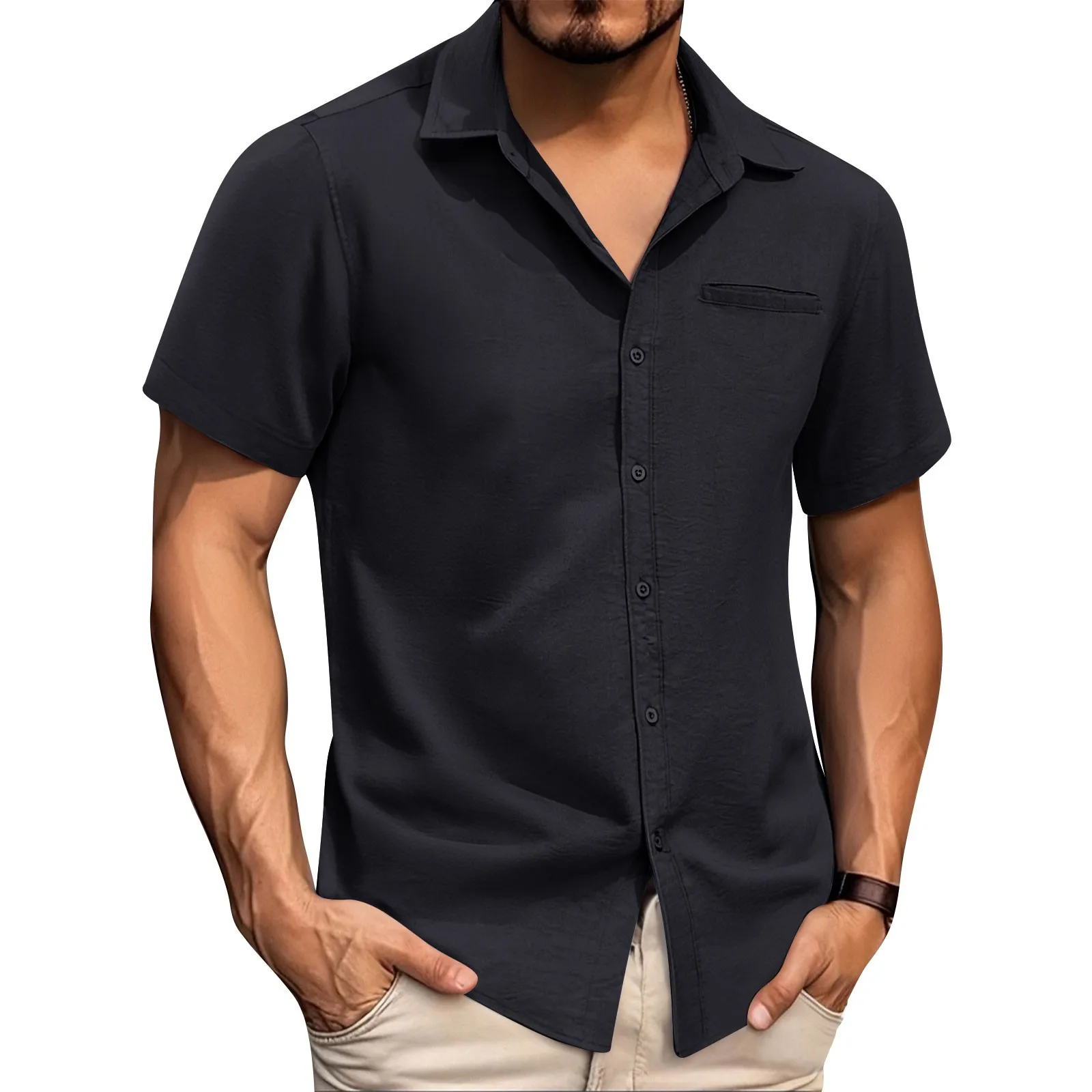 

Simple solid color collared short-sleeved shirt men's business casual cotton and linen shirt button-down versatile beach top
