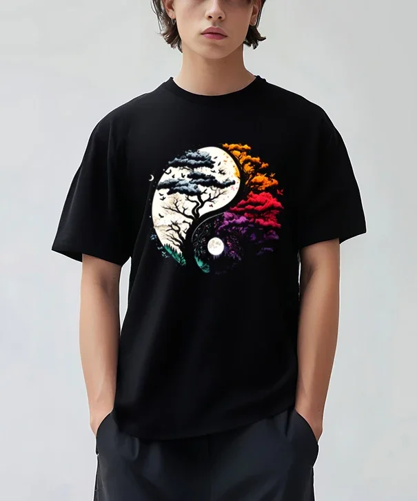 KJKJ Tree of Life Yin Yang Black T-Shirt Chinese Yin-yang Bagua Tai Chi Clothing Tops Men Clothing Streetwear Unisex