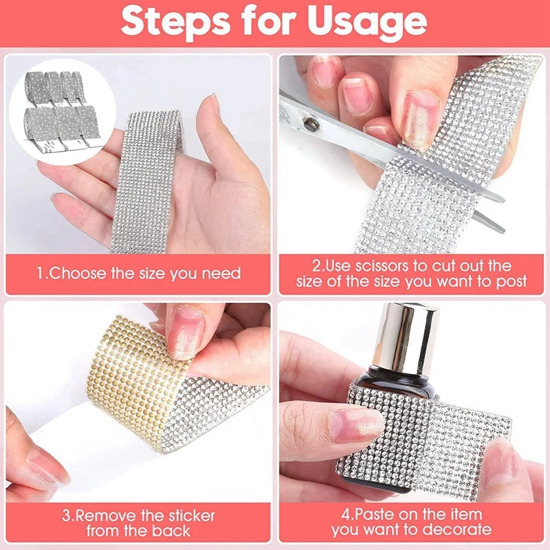 6 Rolls Rhinestone Ribbon Silver, Self Adhesive Diamond Crystal Bling Wrap Roll Glitter Jewelry Sticker Tape