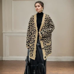 Autumn Knitted Leopard Print Cardigan For Women Fashion Casual Leopard Print Tassel Knitted Loose Long Sleeve Cardigan Jacket