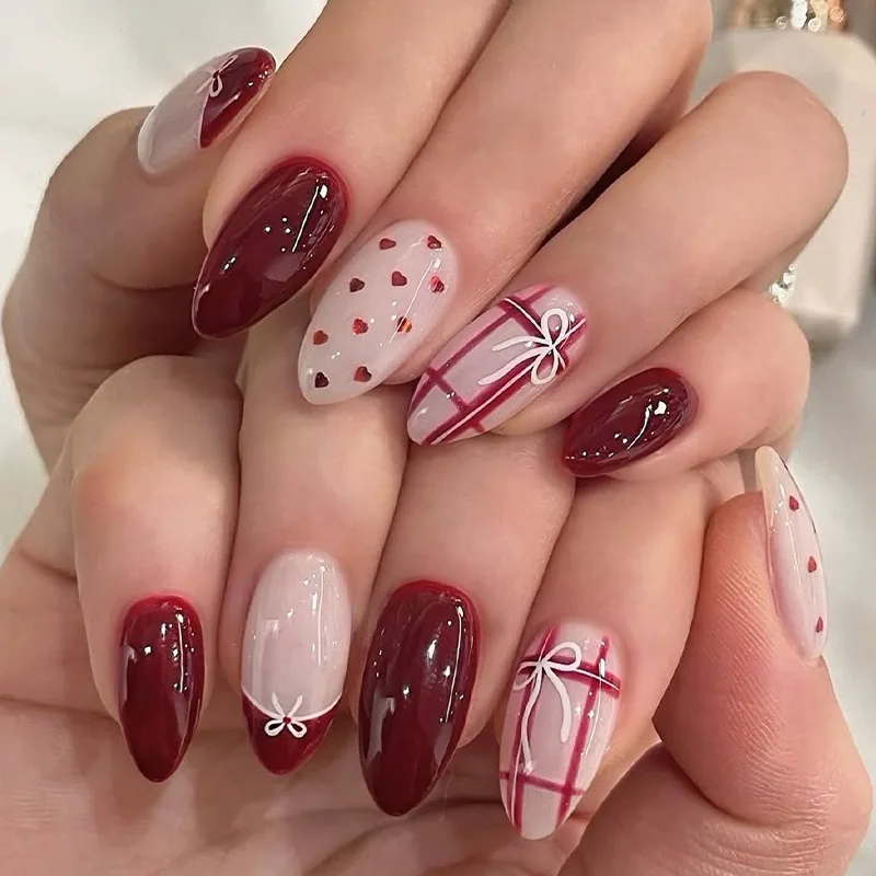 24pcs Cat's Eye False Nails Sets Simple Bow Rhinestone Design Press on Fake Nails Art Valentine's Day Red Almond Full Cover Nail