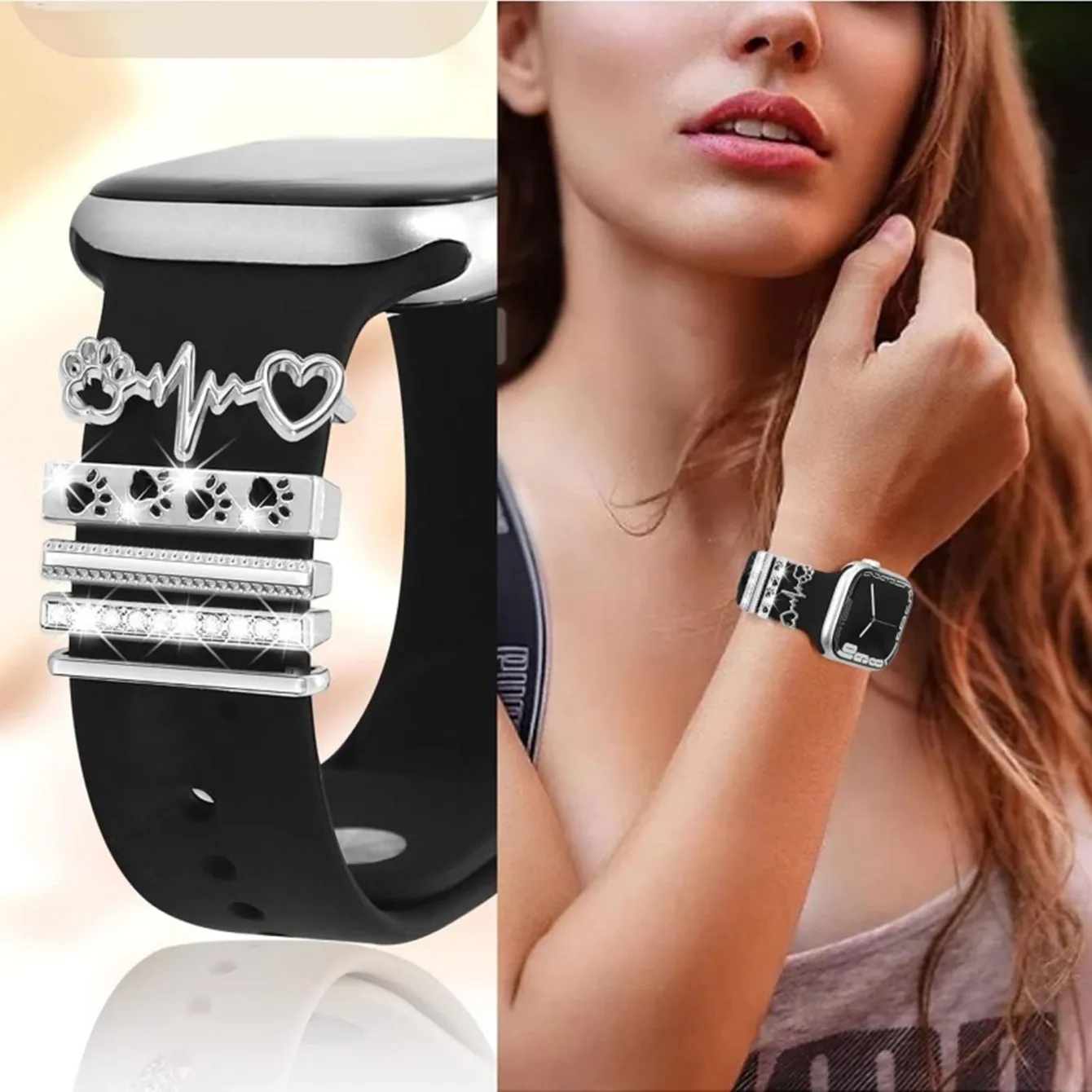 4 قطع من حلقات حلقات حزام الساعة للحيوانات الأليفة، زخارف ساحرة بحزام ساعة معدني لطيف من حجر الراين متوافقة مع سوار ساعة Apple #3