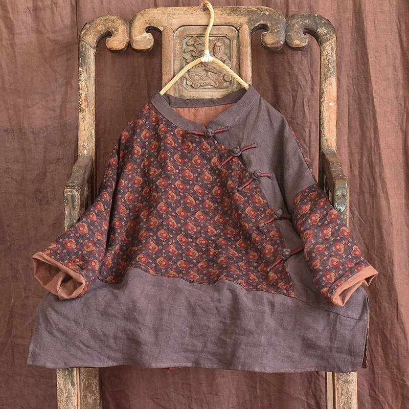Chinese Style Women Cotton Linen Casual Shirt New 2025 Spring Vintage Style Patchwork Print Loose Female Tops Shirts M788