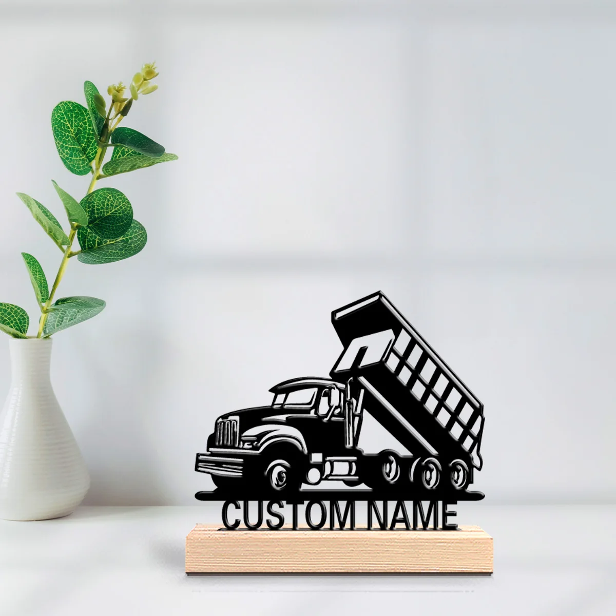 1pc Fashion truck Customizable Name Metal Statue Iron Ornament Art Figurine With Wood Base Iron Ornament For Home Desk Decor