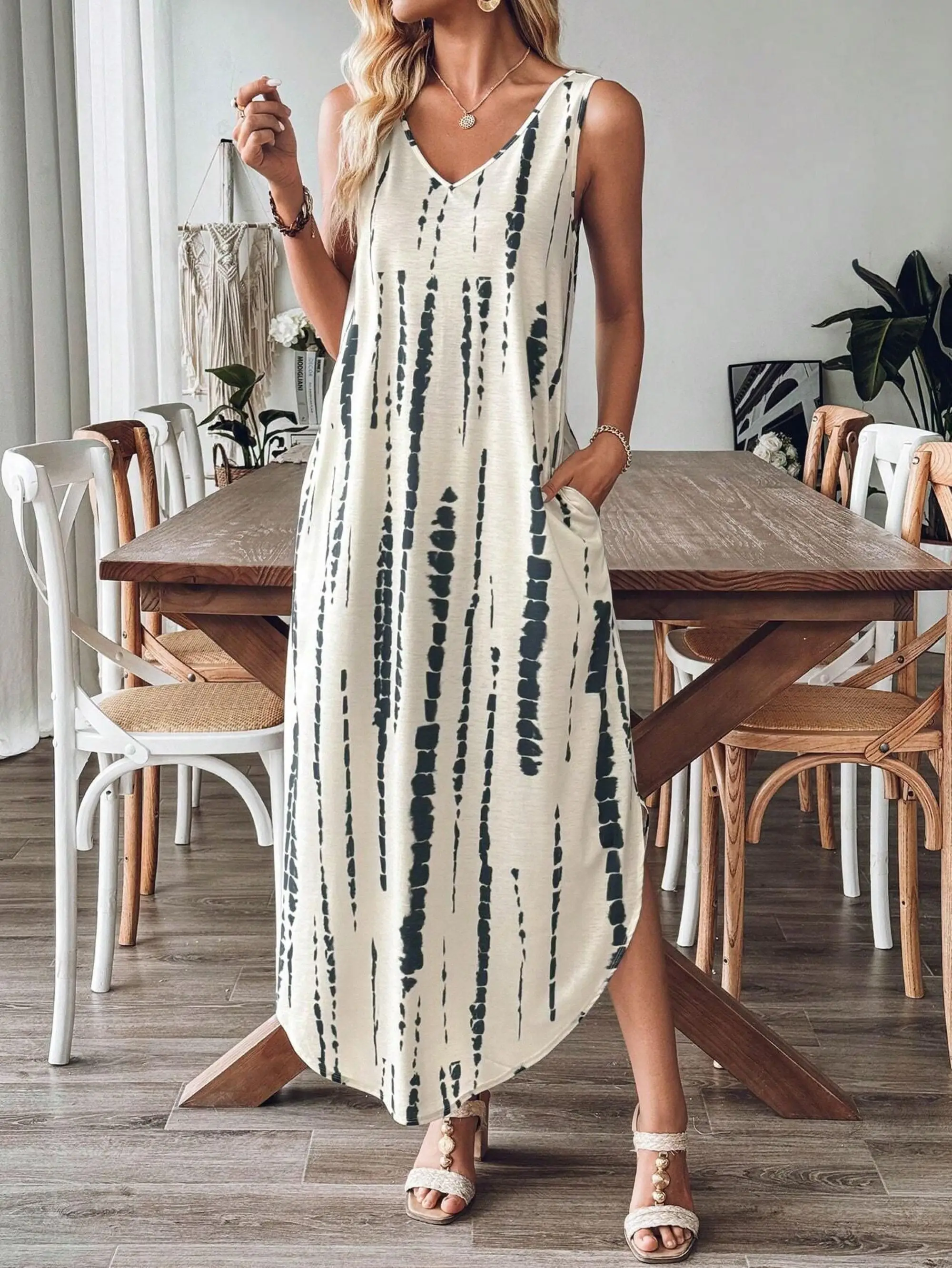 Abito estivo Boho Tie-Dye da donna, vestito estivo casual senza maniche con cinturino per spaghetti da spiaggia