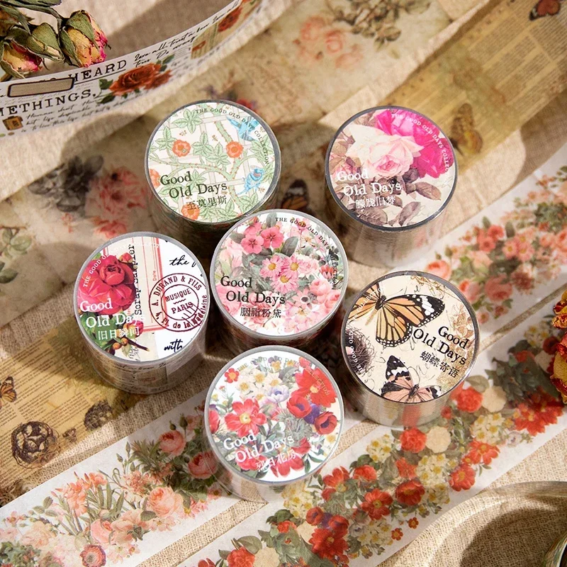 1Roll 2M Ledger Collage Retro Tape Flower Decoration Butterfly Material Scrapbook Message Backing Adhesives Dairy Tape 34.5mm