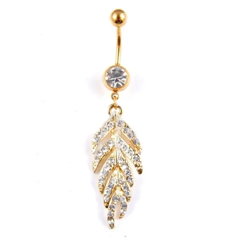 Delysia King Woman Trendy Stainless Steel Feather Navel Perforation Crystal Leaves Belly Button Rings