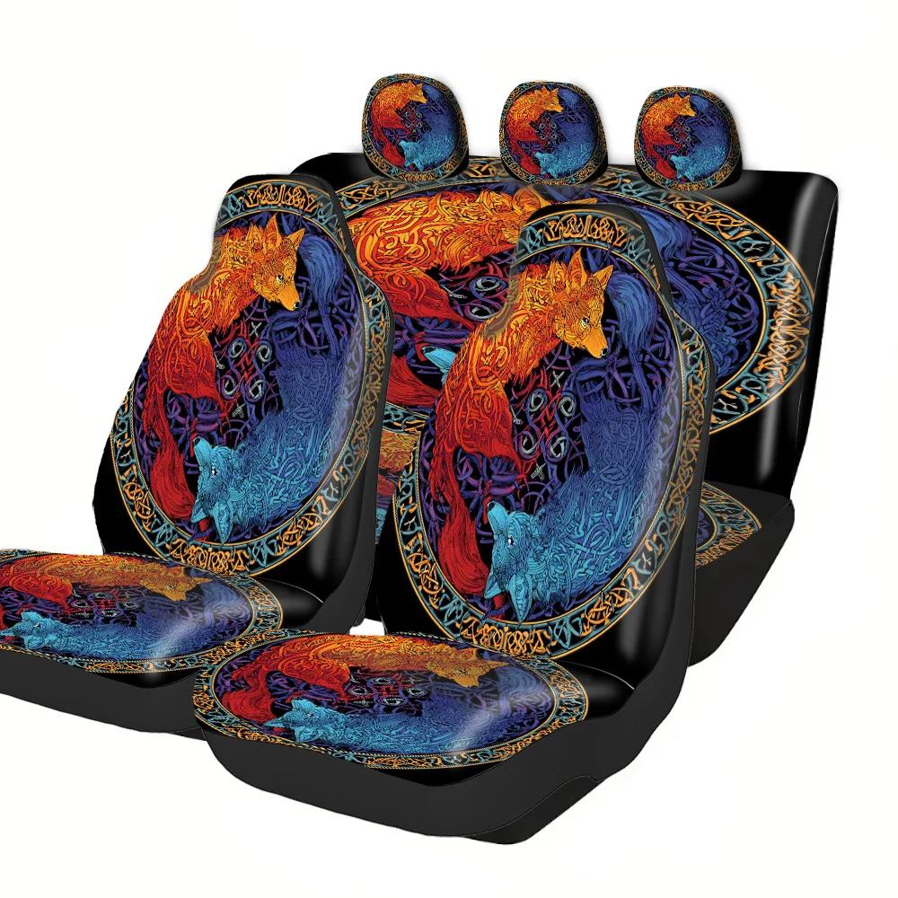 

Комплект чехлов для автомобильных сидений на 2-5 мест - черный принт с изображением боевых лошадей, полиэстер, легко устанавливаются и можно стирать, нескользящие и впитывающие, универсальные.