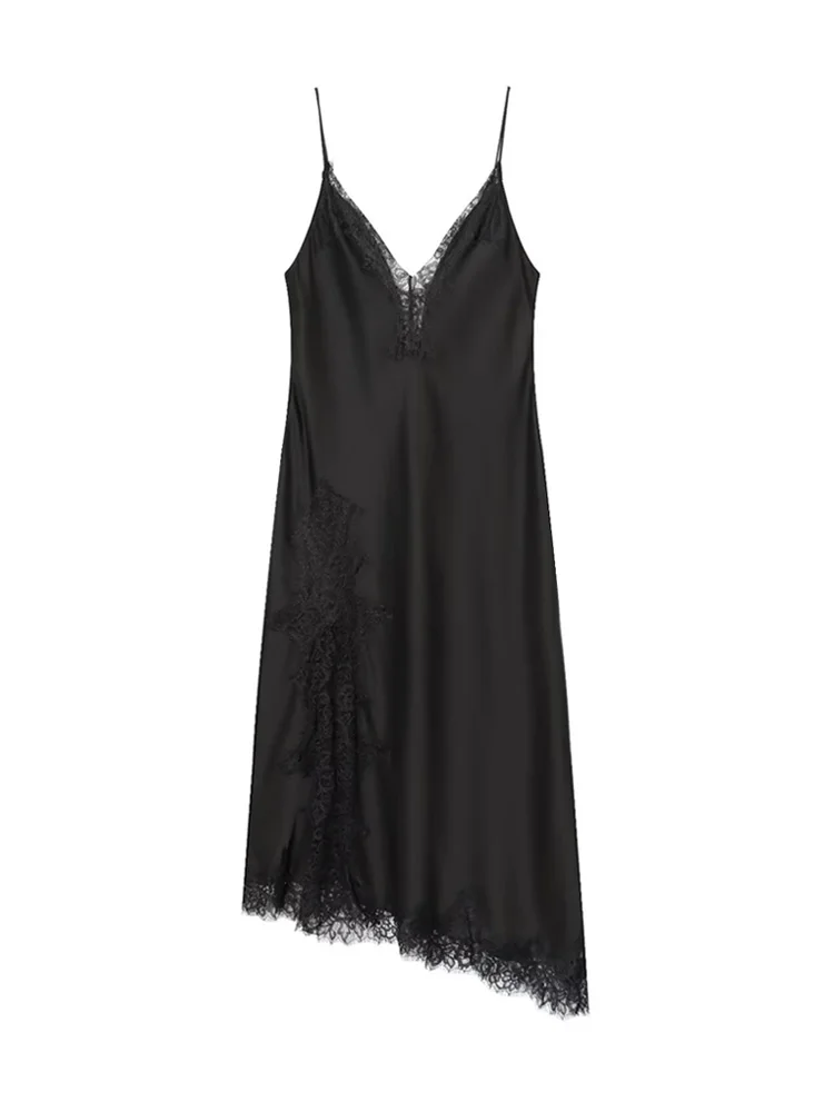 女性のセクシーなサテンレース非対称ドレス V ネック薄いストラップファッション女性ドレス