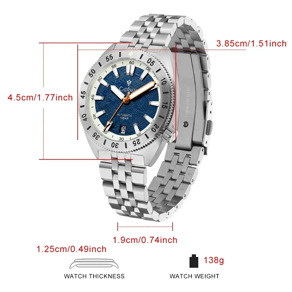 CADISEN-reloj mecánico automático para hombre, cronógrafo con esfera de meteorito, informal, de negocios, resistente al agua, de acero inoxidable NH35A 316L